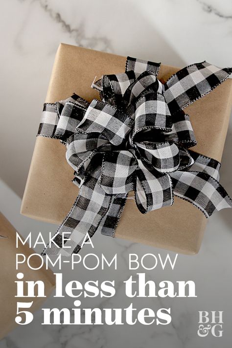 Wrapping a beautiful gift doesn't have to be hard. We'll show you how to create your own lovely, full bows to help you get the department store gift wrapping look in just a few minutes. A classic pom-pom bow makes a fabulous topper for every gift-giving occasion! #pompombow #howtomakeabow #christmasbow #giftwrappingideas #christmasdiy #bhg Making Decorative Bows, Craft Bows Diy, Wrap Bows On Presents, How To Do A Ribbon Bow Gift Wrapping, Bows Without Wire Ribbon, How To Make Bows For Christmas Presents, How To Make Full Bows For Wreaths, How To Make A Christmas Bow For Presents, Bows For A Wreath