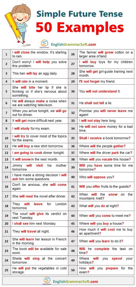 Simple Future Tense Sentences | 50 Examples  The simple future tense is a verb tense which shows an action that has not yet begun. The simple future tense is expressed by adding “will” or “shall” to the sentence in front of the base form of the verb. For example, I will come to your house tomorrow. Future Forms Grammar, Future Tenses English Grammar, Future Tense Sentences, Tenses Examples, Future Simple Tense, Simple Future Tense, Future Tense Verbs, Tabel Periodik, Verbo To Be