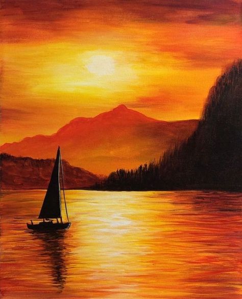 Monochromatic Sunset Painting, Water Colour Sunset Painting, Sunset Pictures Painting, Nature Composition Painting, Water Sunset Painting, Sunset Paintings For Beginners, How To Paint The Sun, Warm Colours Painting, Warm Colors Drawing