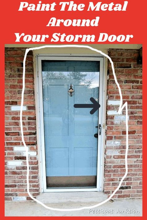 Learn how to paint a metal storm door. Paint Back Of Front Door, Storm Door Diy, Storm Door Alternative, Back Door With Storm Door, Green Storm Door, Paint Steel Front Door, Storm Door Color, Front Storm Doors, Houses With Storm Doors