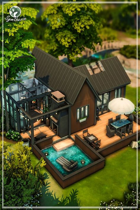 Welcome to another speed build in The Sims 4! This modern A-frame cabin has so many cozy spots for your book loving sim! Loft Home Sims 4, Modern House In Sims 4, Sims 4 House Layout Ideas, Cabin House Sims 4, Cabin Sims 4 House, Sims Houses Modern, Modern Tiny House Sims 4, Sims 4 Builds Modern, Houses To Build On Sims 4