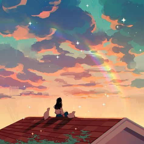 jauni / tofublock 🌻 on Instagram: "after rain 🌈⁣ ⁣ (another reminder that there are still a few days left to sign up for my workshop! link in bio~)⁣ ⁣ #art #drawing #illustration #painting #landscape #sky #clouds #rainbow #roof #view #ducks #aesthetic #colours" Rain Illustration, Rainbow Drawing, Cherry Blossom Wallpaper, Rainbow Pictures, Cloud Illustration, Sky Anime, Rain Painting, Sky Images, Rain Art