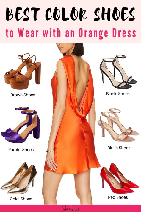 Colors That Match With Orange Outfits, Shoe Guide For Women Outfit Ideas, Orange Purple Dress, Dark Orange Dress Outfit, Orange Dress Shoes Outfit, Orange Linen Dress Outfit, Shoes For Burnt Orange Dress, Orange Dress With Heels, Burnt Orange Dress Accessories