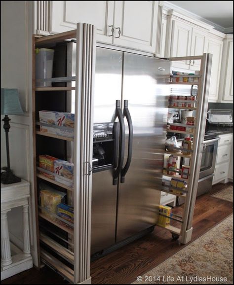 add roll out shelves to the sides of the refrigerator cabinet  - how to build the roll out shelves Shelving Around Refrigerator, Small Cabinet Next To Fridge, Side Of Refrigerator Storage Ideas, Storage Beside Refrigerator, Refrigerator Side Storage, Pull Out Cabinet Next To Fridge, Refrigerator Side Cabinet, Refrigerator Next To Window, Next To Refrigerator Storage