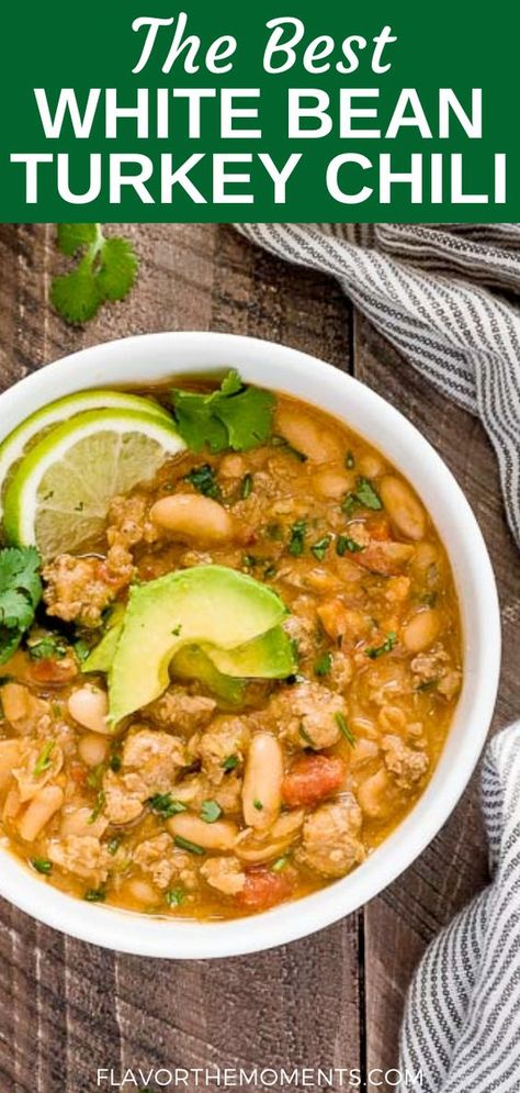 This recipe for White Bean Turkey Chili is hearty and healthy loaded with lean ground turkey, white beans, fresh lime and plenty of spice! It’s gluten-free and freezer-friendly! Chili White, White Bean Turkey Chili, White Bean Chili, Turkey Chili, No Bean Chili, White Bean, White Beans, Chili, Meat