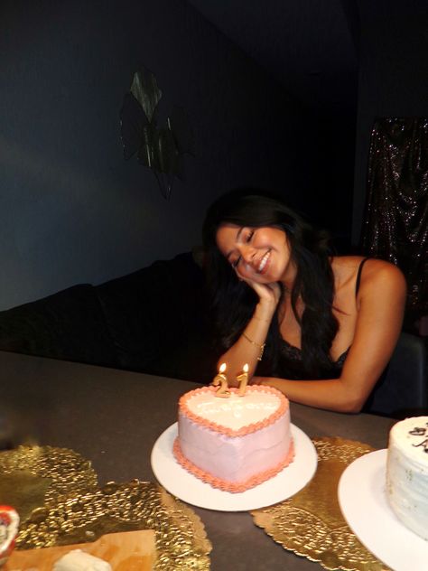 Posing With Cake Aesthetic, Pics With Birthday Cake, 21st Birthday Cake Aesthetic, Pink 21st Birthday Cake, Cake Pictures Birthday, Heart Shape Birthday Cake, 21st Birthday Photos, Cake For 21st Birthday, 21st Birthday Picture Ideas