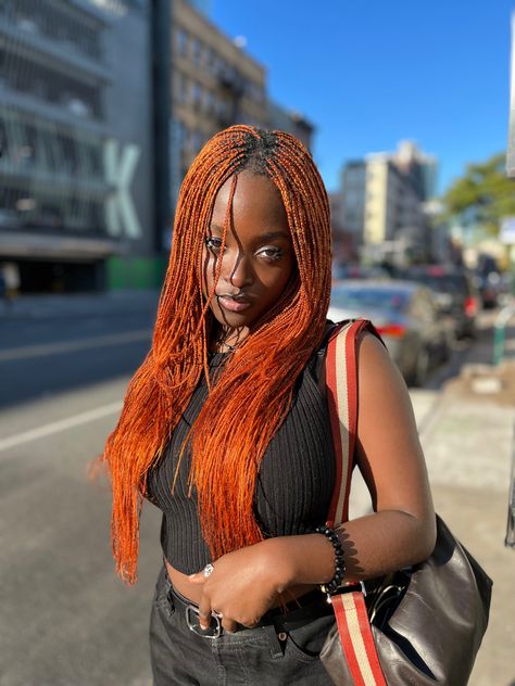 Red And Orange Box Braids, Red Layered Braids, Orange Braids Black Women, Red Orange Braids, Ginger Micro Braids, Ginger Short Braids, Ginger Layered Braids, Layered Micro Braids Y2k, Layered Braids Black Women