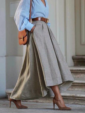 Dinner In France Outfit, Flowy Blouse Outfit Classy, Classy Summer Work Outfits, European Casual Style, Casual Work Day Outfit, Button Up Skirts Outfit, Wide Hips Outfit, Alledaagse Outfits, Casual Professional