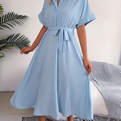 Solid color Light Blue Adult Dacron and Spandex Plus Size Midi Dress, Tie Belt Dress, How To Fold Sleeves, Casual Short Sleeve Dress, Button Down Shirt Dress, Belt Dress, Tie Waist Dress, Maxi Shirt Dress, Midi Short Sleeve Dress