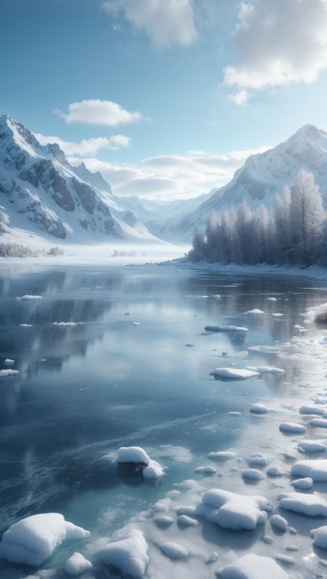 Icy Landscape Art, Frozen Lake Photography, Fantasy Frozen Landscape, Fantasy Ice Kingdom Aesthetic, Frozen Fantasy Landscape, Ice Landscape Art, Frozen Lake Drawing, Fantasy Snowy Landscape, Ice Mountain Aesthetic