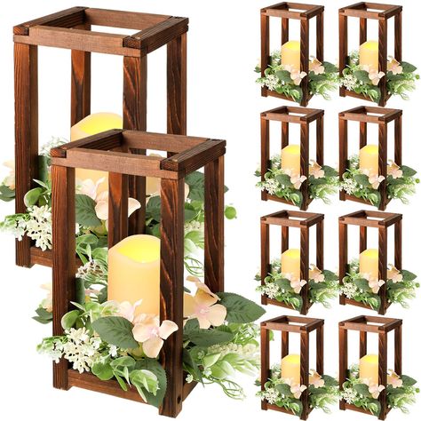 PRICES MAY VARY. Package Includes: 10 pieces vintage wooden candle holder, 10 pieces flameless LED candles (battery not included), 10 pieces champagne candle wreaths; Candle lanterns measure 10.6 x 5.5 x 5.5 inches/ 27 x 14 x 14 cm (height x length x width); Flameless LED candles measure 3 x 5 inches/ 7.5 x 12.7cm (diameter x height); LED candle is in wavy style; You can place wedding lanterns on your table, shelf, entryway, patio, backyard, fireplace mantel Farmhouse Lantern: the lantern center