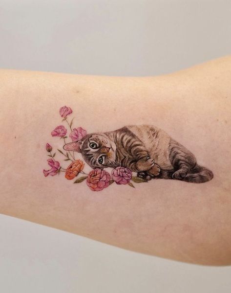 Tiny Kitten Tattoo, Black And White Rabbit Tattoo, Matching Cat Tattoos Sisters, Realistic Cat Tattoo Portraits, Women Lower Leg Tattoo, Cat Tattoo Designs Memorial, Kitty Tattoo Small, Cat And Flowers Tattoo, Memorial Tattoo Cat