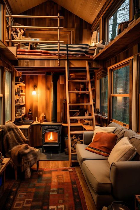 Rustic Small Cabin Interiors, Cozy Tiny Home Interior, Cozy Tiny Cabin, Small Loft Cabin, Loft In Cabin, Tiny House With Loft Bedroom, Tiny House Industrial Style, Tiny Rustic Cabin Interior, Tiny House Rustic Interior