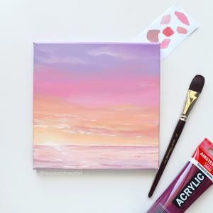 Mini Pink Painting, Acrylic On Small Canvas, Pink Clouds Aesthetic Painting, Pink Ocean Painting, Pink Sunset Painting Acrylic, Pink Aesthetic Painting Ideas, Painting Acrylic Aesthetic, Small Canvas Art Aesthetic, Pink Sunset Painting