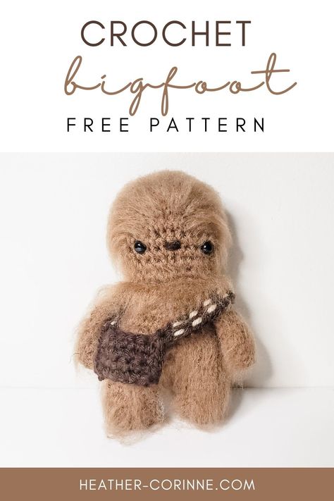 My Crochet Bigfoot Amigurumi is a free pattern here on my blog! This quick crochet pattern is an excellent gift idea for any Bigfoot fan in your life. Keep scrolling for the free pattern and video tutorial! Amigurumi Patterns, Free Chewbacca Crochet Pattern, Crochet Amigurumi Free Patterns Star Wars, Crochet Ewok Pattern, Free Bigfoot Crochet Pattern, Crochet Bigfoot Pattern, Bigfoot Sewing Pattern, Crochet Chewbacca Pattern Free, Starwars Crochet Free Pattern