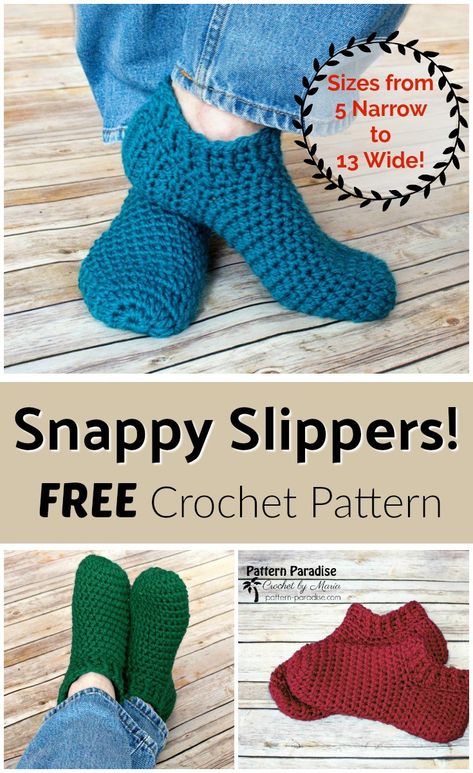 Free Crochet Pattern: Snappy Slippers | Pattern Paradise Crochet Slippers Adult Free Pattern, Crochet Slipper Boots, Easy Crochet Slippers, Crochet Socks Pattern, Crochet Slippers Free Pattern, Crochet Shoes Pattern, Crochet Slipper Pattern, Crochet Geek, Crochet Boots