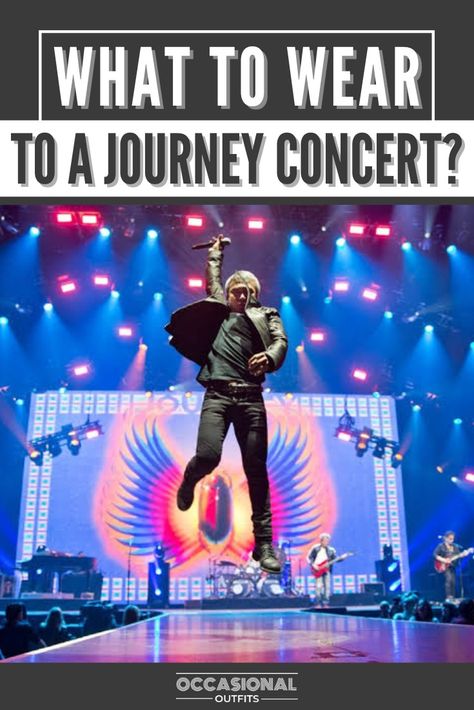 Journey band performing live on stage at a concert What To Wear To Aerosmith Concert, Journey Tshirt Band, Concert Tshirt Outfit Jeans, Journey Shirt Band, How To Dress For A Rock Concert, Outfit Ideas For A Rock Concert, How To Style A Concert Tee, What To Wear To Concert Outfits Summer, How To Wear A Concert Tshirt