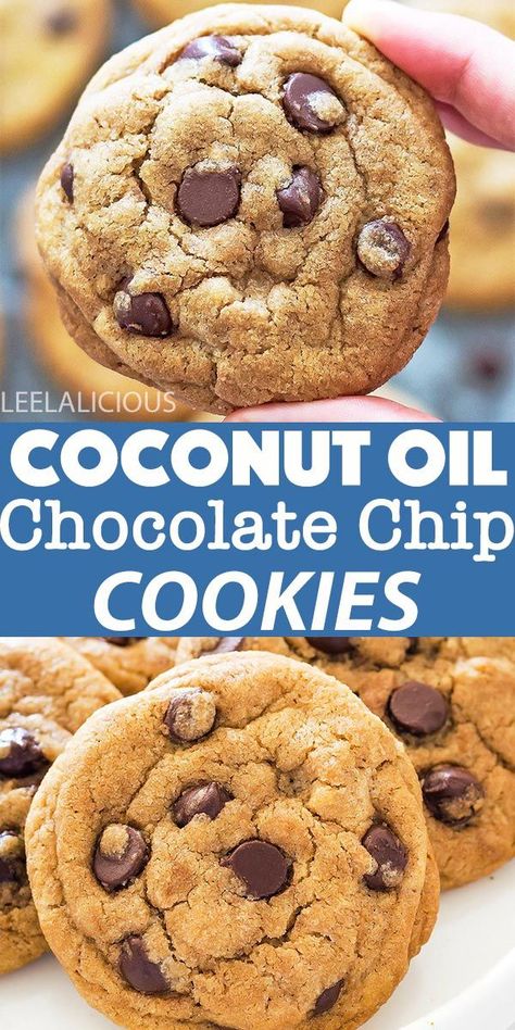 These Coconut Oil Chocolate Chip Cookies are a dairy-free version of everyone's favorite classic cookie recipe. They are a soft and chewy cookie filled with chocolate chips for a decadent sweet treat!      #chocolatechipcookies #cookies #coconutoil #baking #dessert #treat #sweet #cookie #dairyfree #vegan #chocolatechip Vegan Chocolate Chip Cookies Coconut Oil, Cookie Recipe With Oil, Oil Chocolate Chip Cookies, Muffin Ideas, Coconut Oil Chocolate Chip Cookies, Coconut Oil Cookies, Basic Chocolate Chip Cookies, Awesome Cookies, Vegan Chocolate Cookies