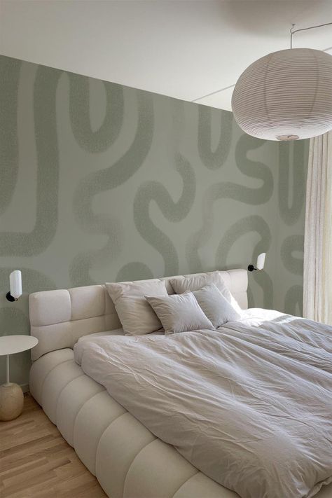 Walls Ideas For Bedroom, Abstract Art For Bedroom Wall, Minimalist Mural Wall Painting, Room With Painted Wall, Bedroom Wall Styling, Organic Chic Interior Design, Organic Room Aesthetic, Scandavian Bedroom Ideas, Interior Design With Paintings