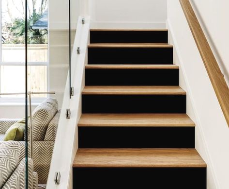 #stairsdecor #remodeling #renovation Painted Wood Stairs, Black Painted Stairs, Painted Stair Risers, White Stair Risers, Black Stair Railing, Stairs Vinyl, Black And White Stairs, Redo Stairs, Vinyl Stairs