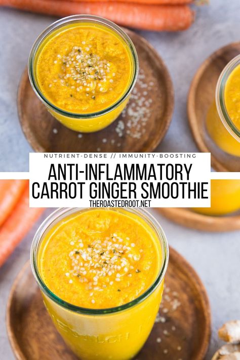 Anti-Inflammatory Carrot Ginger Smoothie - The Roasted Root Immune System Smoothie, Carrot Smoothie Recipe, Carrot Ginger Smoothie, Inflammation Smoothie, Ginger Smoothie Recipes, Carrot Smoothie, Anti Inflammation Recipes, Turmeric Smoothie, Ginger Smoothie