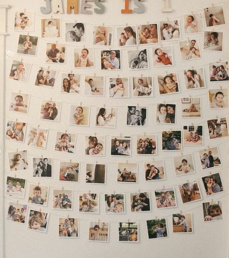 Photo Wall Clothespin, Hanging Photos For Birthday, Backdrop With Pictures Hanging, Twine Photo Display, Clothespin Picture Display, Photo Wall Collage Party, Memory Lane Photo Display, Balloons With Pictures Attached, Photo Display Ideas For Party