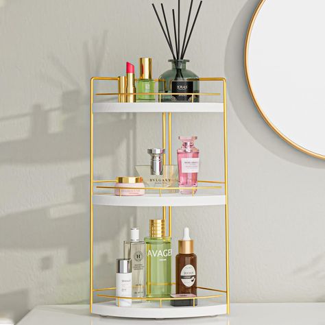 PRICES MAY VARY. BEST BATHROOM COUNTER ORGANIZER ; 3 tier bathroom organizer storage cabinet featuring a 90 degree angle design, it fits perfectly in the corner to maximize the use of space , open design for easy access to bathroom accessories. Keep your space organised with our corner bathroom coun MULTIFUNCTIONAL BATHROOM ORGANISER:This bathroom organizer has multiple uses that are not limited to being used as a bathroom organizer. It can even be used as a kitchen storage piece, dresser storag Wood Countertop Bathroom, Girls Bathroom Organization, Bathroom Organizer Storage, Bathroom Organiser, Dresser Decoration, Bathroom Counter Organizer, Counter Organizer, Bathroom Counter Organization, Bathroom Sink Organization