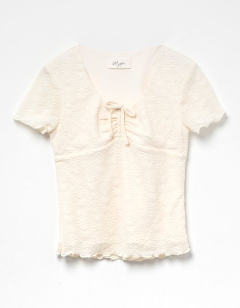 Rsq Lace Tie Front Top. Floral Lace Top. Cinch Detailing At Center Chest Featuring A Fixed Tie. Short Sleeve. Ruffle Trim. Built-In Lining. 90% Nylon, 10% Spandex. Lining: 95% Polyester, 5% Spandex. Hand Wash. Imported. | Rsq Lace Tie Front Girls Top Cute Shirts Coquette, Wonyoung Closet, Ghibli Outfits, Lace Tie Front Top, Lettuce Hem Top, Wedding Impossible, Burr Basket, Lace T Shirt, Lace Top Outfits