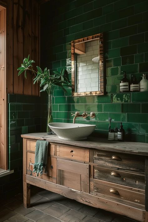 Rustic wooden vanity with a modern basin set against sage green tiles, creating a serene and stylish bathroom decor. Green Tile Restroom, Green Bathroom Suite, Green Bathroom Wood Floor, Green Titles In Bathroom, Bathroom Interior Green Tiles, Emerald Green Tile Shower Ideas, Sage Subway Tile Bathroom, Green And Oak Bathroom, Green Bathroom Backsplash