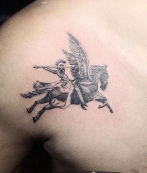 Patchwork, Pegasus Tattoos, Pegasus Tattoo, Greek God Tattoo, Cherub Tattoo, Greek Mythology Tattoos, God Tattoos, Winged Horse, Red Tattoos