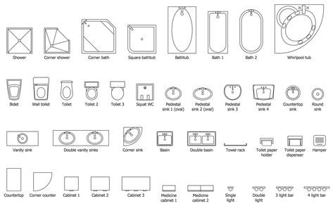 Basic Floor Plans, Bathroom Symbols, Squat Toilet, Freestanding Sink, Bathroom Floor Plan, Square Bathtub, Bathroom Drawing, Floor Plan Symbols, Architecture Symbols