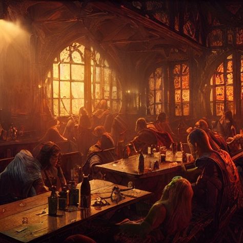 Tavern Party Fantasy Art, Dark Tavern Aesthetic, Tarven Fantasy Art, Fantasy Bar Aesthetic, Fantasy Pub Aesthetic, Fantasy Tavern Decor, Old Tavern Aesthetic, Fantasy Tavern Concept Art, Dnd Tavern Aesthetic