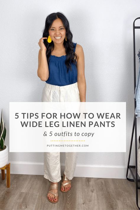 Linen pants are a great option in the summer! Today I'm sharing tips for how to wear wide leg pants and some wide leg pants outfits. Wide Leg Linen Pants Outfit Summer, Cotton Pants Outfit, Wide Leg Pants Outfit Summer, Wide Leg Pants Outfit Work, Linen Pants Outfit Summer, Wide Leg White Linen Pants, Summer Wide Leg Pants, White Linen Pants Outfit, Cream Linen Pants