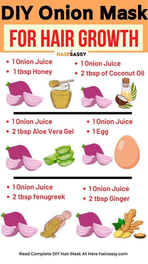 DIY Onion Hair Mask Tips For Hair Growth Natural Remedies, Good Food For Hair Growth, Home Remedy Hair Mask, Hair Mask Ideas For Hair Growth, How To Use Onion Juice For Hair Growth, Natural Mask For Hair, Onion And Garlic For Hair Growth, How To Grow Front Hair, Easy Hair Growth Recipes