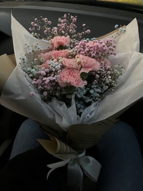 Nice Flower Bouquet, Bouquet Of Flowers Pastel, Pink Tulips And Baby Breath, Baby Pink Flower Bouquet, Peonies And Carnations Bouquet, Light Pink Carnations, Carnations And Baby Breath, Carnation And Baby Breath Bouquet, Simple Pink Bouquet