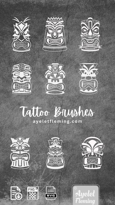 Hawaiian tattoo flash sheet procreate brushes - Custom tattoo design photoshop brushes - Create tiki luau tattoos for Hawaiian tattoo artist Tiki Tattoo Hawaiian, Tiki Tattoo, Polynesian Tattoo Designs, Flash Sheet, Tattoo Flash Sheet, Hawaiian Tattoo, Design Photoshop, Custom Tattoo Design, Procreate Brushes