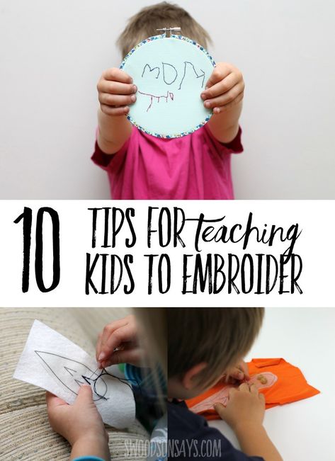 Kids can embroider too! See 10 tips for teaching kids to embroider to make it easy and fun. This is a great activity for preschool aged kids and up; it develops fine motor control, creativity, and is old-fashioned fun! #embroidery #kidscrafts #crafts #parenting Couture, Beginning Embroidery, Sewing Club, Activity For Preschool, Teaching Sewing, Embroidery Workshop, Hand Sewing Projects, Sewing Projects For Kids, Simple Embroidery