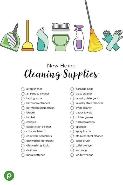 Moving into a new house? Stop by Publix with this handy cleaning supply checklist to stock up on items to keep your new home spotless. Click through to print your checklist, and stroll down the cleaning supply aisles on your next grocery trip to pick up everything you need in one stop. #cleaningchecklist New Home Grocery Checklist, New Apartment Checklist Groceries, Grocery Essentials For New Home, Moving Items Checklist, What Do You Need In A Kitchen List, What You Need When Moving Into A House, Home Needs Checklist, Move In Necessities, Grocery List For New Home