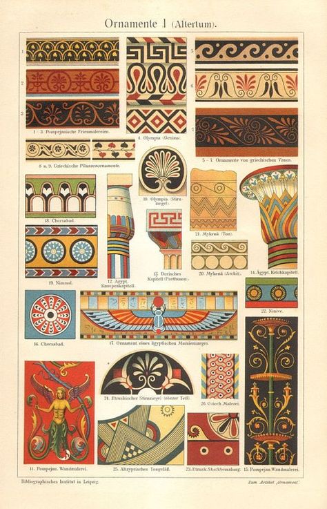 1909 Ancient Ornaments Egyptian, Troian, Roman, Mycenaean Original Antique Chromolithograph to Frame: Ancient Ornaments, Egyptian Ornamented, Egyptian Drawings, Egyptian Pattern, Ancient Egyptian Architecture, Egyptian Painting, Egiptul Antic, Egyptian Design, Ancient Greek Art