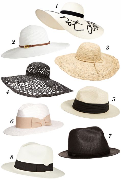 Our 8 favorite hat styles for summer. Hats For Women Summer, Hat For Cruise, Italy Hat Outfit, Cute Summer Hats For Women, Trendy Hats For Women Summer, Beach Hat Outfit, Hat Outfits For Women, Pool Hats, Stylish Hats For Women