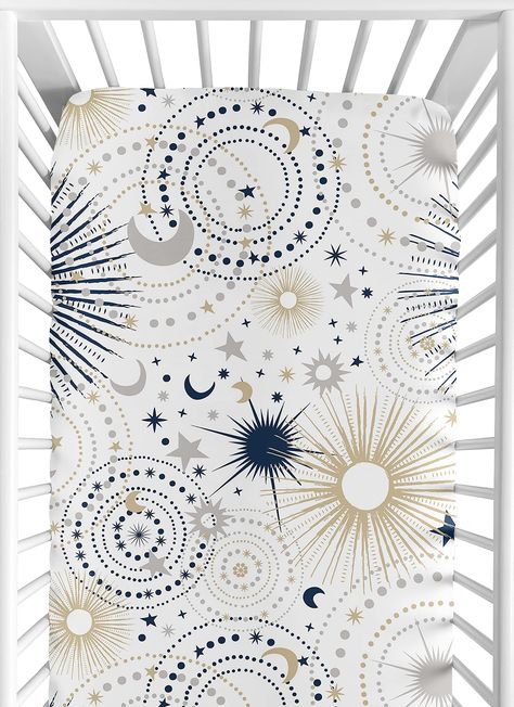 PRICES MAY VARY. Dimensions: 52 in. x 28 in. x 8 in. Brushed Microfiber - Navy Blue, Gold and Grey Stars and Moons Celestial Print Fully elastic bottom for secure fit on most standard size cribs and toddler beds Easy machine washable and dryable Love the fabric style? Sweet Jojo Designs also makes coordinating bedding and decor accessories. Sweet Jojo Designs crib sheets are designed to match with their coordinating Crib Bedding Sets. Made with soft and cozy fabrics in exclusive patterns and col