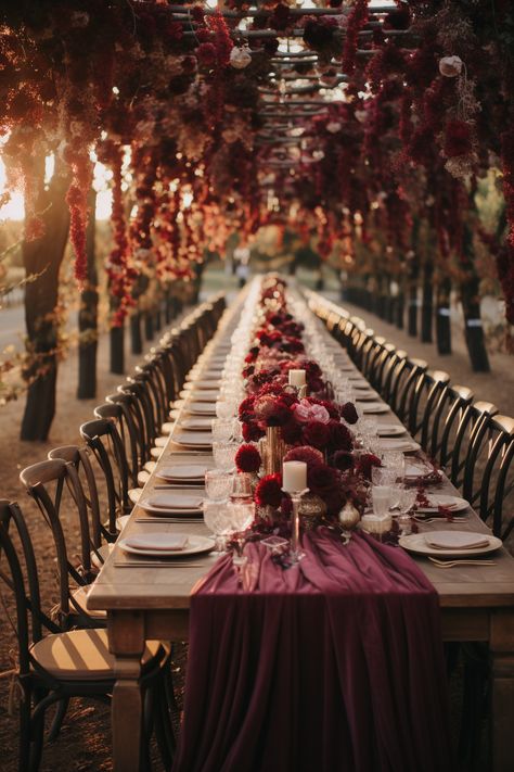 Vineyard Wedding Elegance: Rich Wine & Burgundy Inspiration Discover the allure of vineyard weddings with our rich wine and maroon inspiration. From overhead pergola decor to estate tables, find your perfect autumn wedding ideas here! Burgundy Elegant Wedding, Spanish Fall Wedding, Burgundy Color Wedding Theme, Wine And Berry Tone Wedding, Autumn Burgundy Wedding, Deep Color Wedding Theme, Red Wine Theme Wedding, Wine Colors Wedding, Maroon Decor Wedding