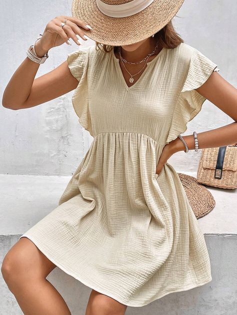 SHEIN Frenchy Notched Neckline Ruffle Trim Smock Dress | SHEIN USA Smocked Dresses, Muslin Dress, Basic Dress, Smock Dress, Womens Midi Dresses, Girly Girl, Ruffle Trim, Cap Sleeve, Dress P