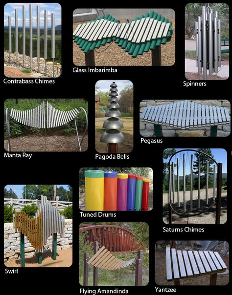 Outdoor Musical Instruments from Freenotes! - Musical Outdoor Instruments Outdoor Music Area, Outdoor Instruments, Musical Playground, Musical Garden, Sensory Playground, Outdoor Musical Instruments, Sound Garden, Music Garden, Outdoor Learning Spaces