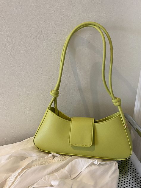 Mint Green Fashionable Collar  PU Leather Plain Baguette Bag Embellished   Women Bags Baguette, Light Green Handbag, French Baguette, Minimalist Bag, Green Handbag, Baguette Bag, Word Wrap, Bag Bag, Women Bags