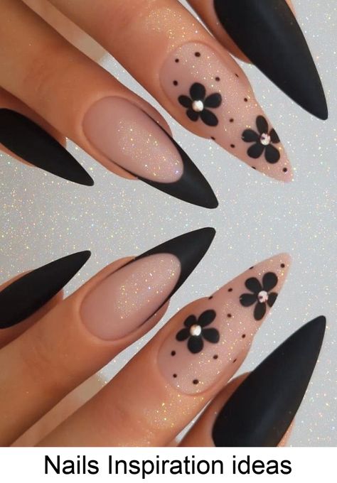 Nails Inspiration ideas Black Nail Almond Designs, Dark Cute Nail Designs, Cute Almond Spring Nails, Almond Nails Goth Designs, Dark Nails For Spring, Cute Nails January, Black Nails Pink Flowers, Black Butterfly Nails Almond, Medium Almond Nail Designs