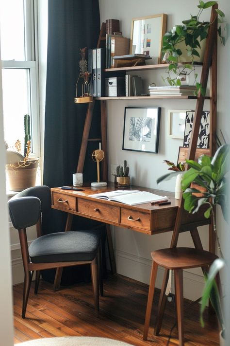 Work From Home Office Small Space, Corner Desk Nook In Living Room, Small Home Office For Two, Front Room Office, Home Office For Two, Creative Room Dividers, Productive Workspace, Bohemian Office, Hidden Desk