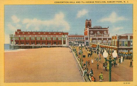 Great boardwalk scene in Asbury Park, New Jersey.  Card in very nice condition.  Postally unused, ca 1940.  Features view of the Convention Hall and 7th Avenue Pavilion.  Size is 3.5 x 5.5 inches.  CT Art Colortone card.