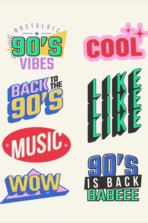 90s Graphic Design, 90s Logos, Logo Design Mockup, Boutique Logo Design, 90s Design, Retro Graphic Design, Badge Template, Birthday Labels, Magazine Collage