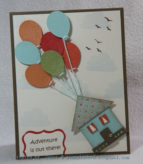 Moving house card. If you have seen Up then you will know "Adventure is Out There" is a line from that movie. Saying was printed with computer then punched out and layered. Balloons were punched with a non-Stampin' Up punch and shimmered The house was made using the Square punch. The clouds were inked using the top of a cupcake from the "Create a Cupcake" Set as a mask in Bashful Blue. Pool Party Bakers Twine for the balloons and some birds from the Up, Up and Away set to finish off the look. Moving House Cards Handmade, Moving Away Cards, Going Away Cards, Goodbye Cards, Moving House Card, Moving Card, House Cards, House Card, Housewarming Card